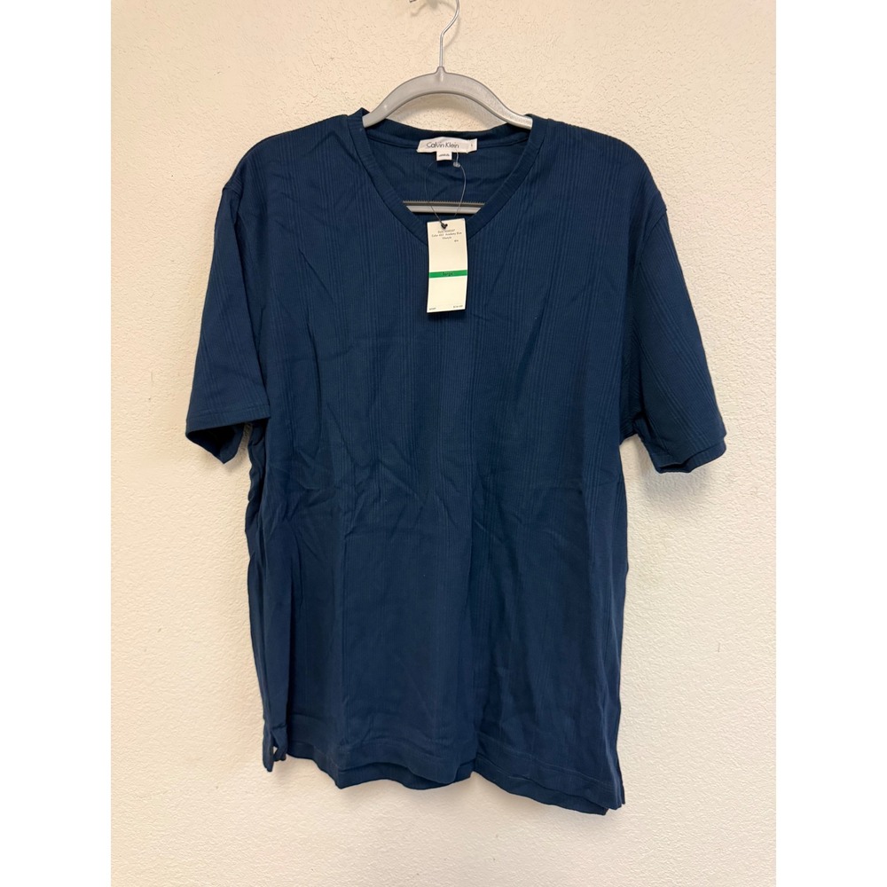 Calvin Klein Men's Large Academy Blue Ribbed V-Neck Shirt 100% Cotton NWT